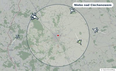 Mapa okolic miasta z sylwetkami samolotów — Niebo nad Ciechanowem na żywo