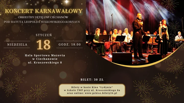 Grafika promocyjna wydarzenia Karnawałowy Koncert Orkiestry Dętej OSP Ciechanów