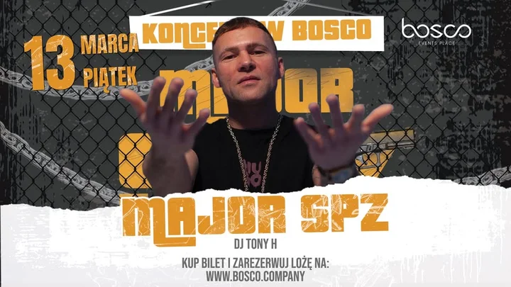 Grafika promocyjna wydarzenia MAJOR SPZ na żywo w Clubie Bosco — rapowy koncert i DJ sety