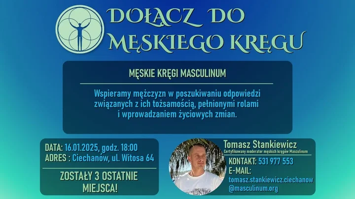 Grafika promocyjna wydarzenia Męski Krąg Masculinum Ciechanów — spotkanie wsparcia i uważności dla mężczyzn