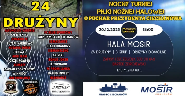 Grafika promocyjna wydarzenia NOCNY Turniej Piłki Nożnej o Puchar Prezydenta Ciechanowa — noc pełna bramek na nowej nawierzchni