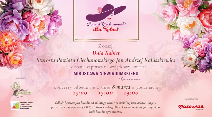 Grafika promocyjna wydarzenia Powiat Ciechanowski dla Kobiet — koncert „Mirosława Niewiadomskiego Kameralnie” w Ciechanowie