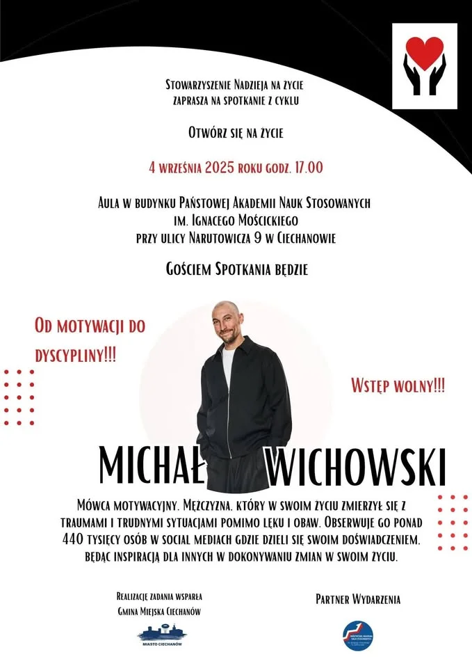 Obrazek przedstawia grafikę promocyjną wydarzenia Spotkanie motywacyjne z Michałem Wichowskim w Ciechanowie