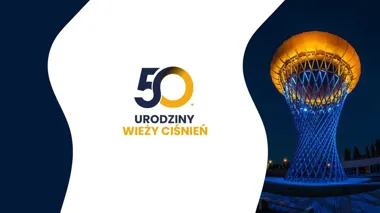 Grafika promocyjna wydarzenia 50. urodziny ciechanowskiej wieży ciśnień – jubileuszowy weekend
