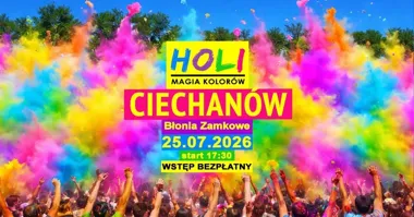 Grafika promocyjna wydarzenia Holi Magia Kolorów w Ciechanowie – kolorowa impreza