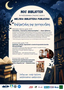 Grafika promocyjna wydarzenia Noc Bibliotek w Miejskiej Bibliotece Publicznej w Ciechanowie