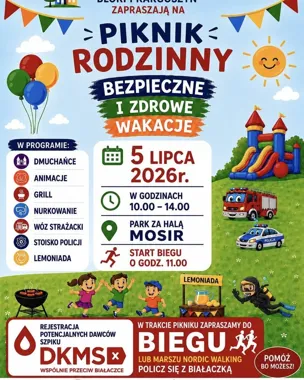 Grafika promocyjna wydarzenia Piknik Rodzinny „Bezpieczne i zdrowe wakacje” w Ciechanowie