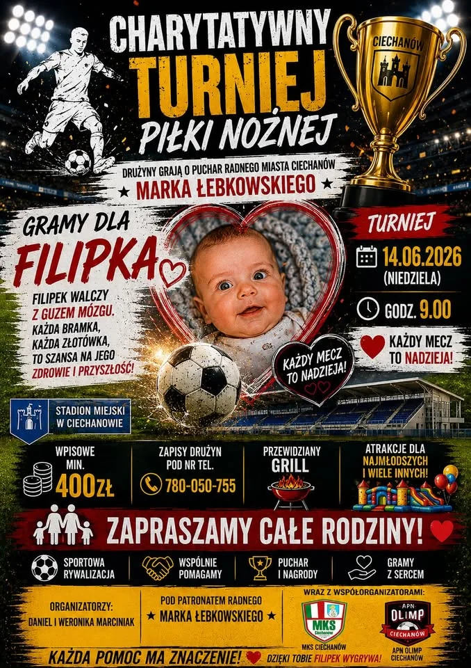 Grafika promocyjna wydarzenia Turniej charytatywny Gramy dla Filipka! w Ciechanowie