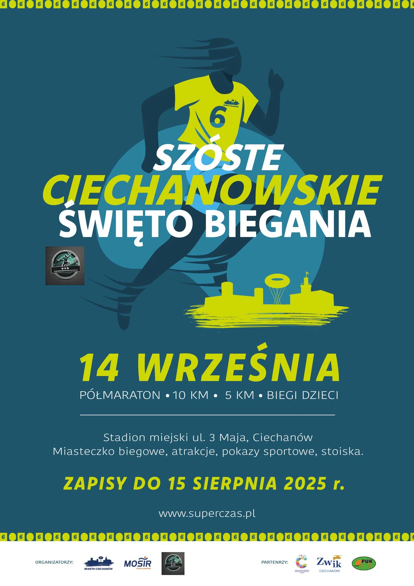 Obrazek przedstawia grafikę promocyjną wydarzenia Biegowa impreza sportowa na stadionie MOSiR w Ciechanowie