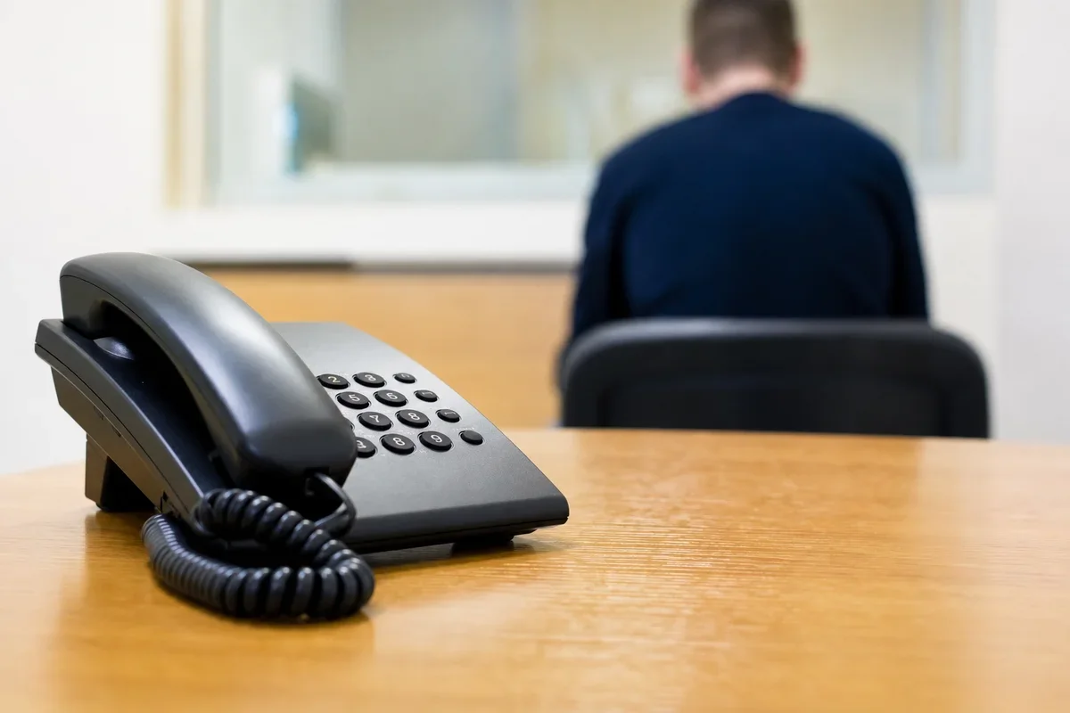 Czarny telefon stacjonarny leży na drewnianym stole w pomieszczeniu, w tle siedzi odwrócony plecami mężczyzna.